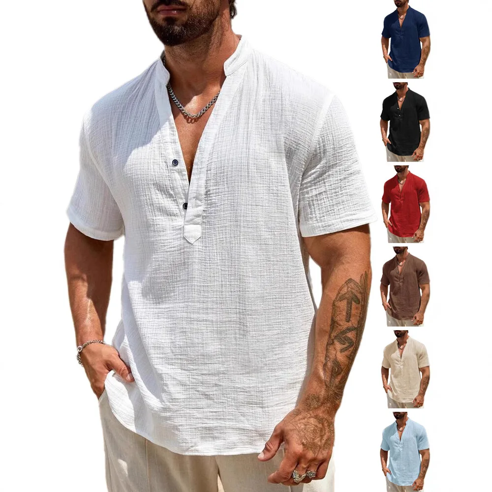 Men's Breathable Stand-up Collar Short-sleeved Shirt Men's Fashionable Simple Solid Color Shirt 2026 Spring New Trend Retro
