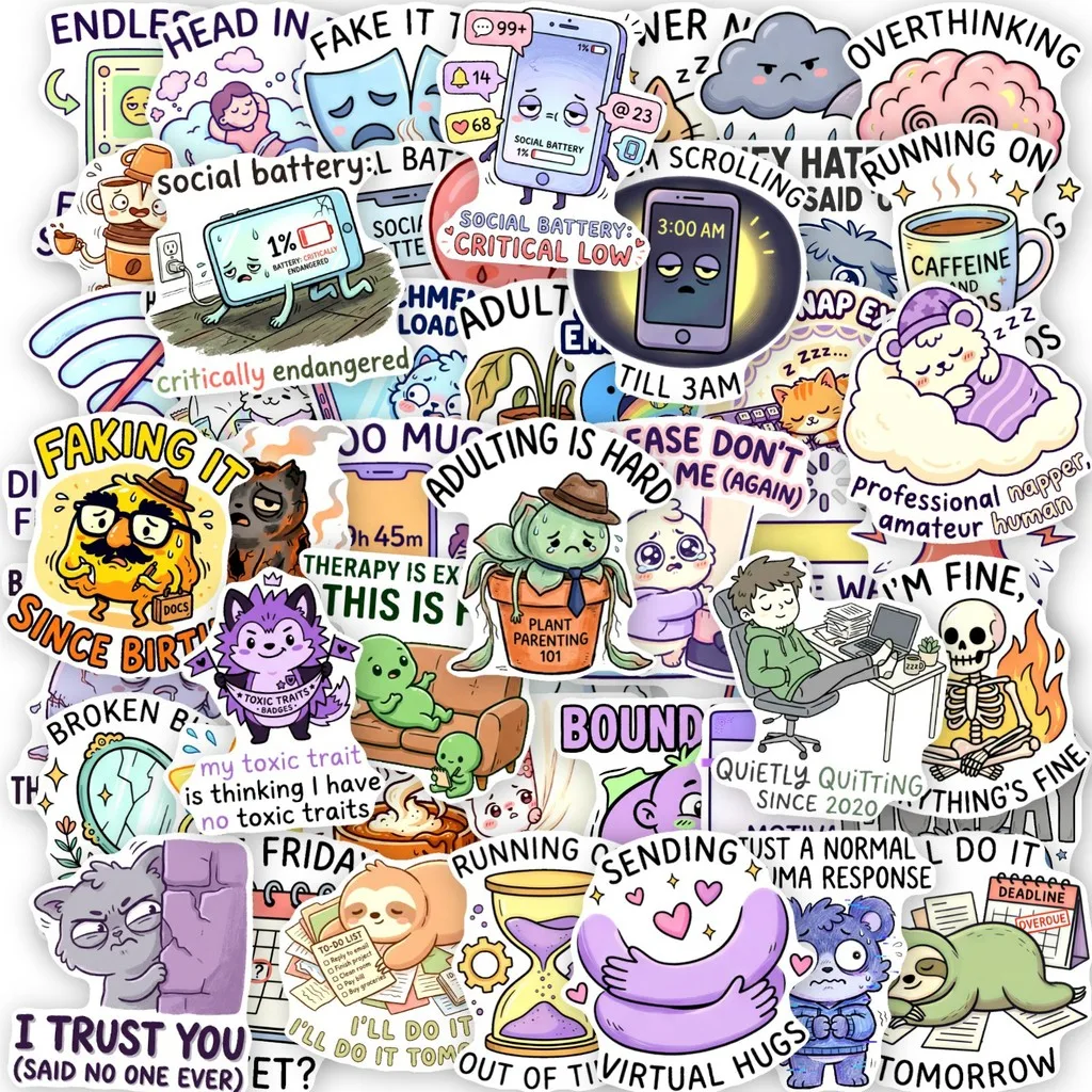 50Pcs Office Worker Mood Sticker Pack Pet Cartoon Short Sentence Meme Waterproof Decals for DIY Golden Memory Stickers Store