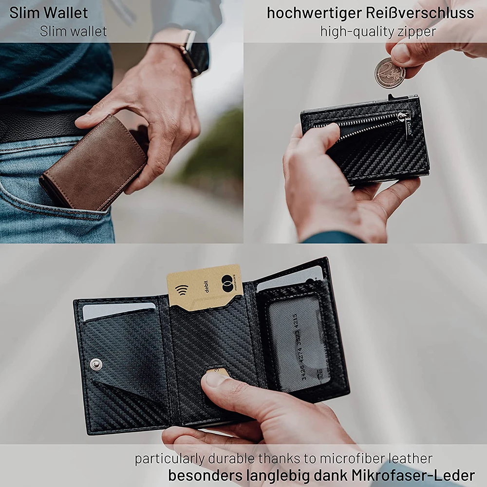 YE Lanka E-Portefeuille en cuir véritable avec fermeture éclair pour homme, porte-cartes Pop-up intelligent, porte-monnaie Rfid Business, aluminium, métal