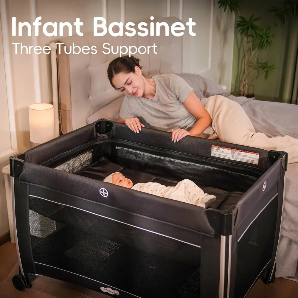 4 in 1 Baby Playpen with Bassinet Changing Station Portable Crib Breathable Mesh Net Safety Side Walls and Detachable Hanging 4