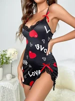 Heart Letter Floral Slip Nightdress Lace Trim Deep V Side Split Sleep Dress Soft Breathable Fabric For Women Night Gown