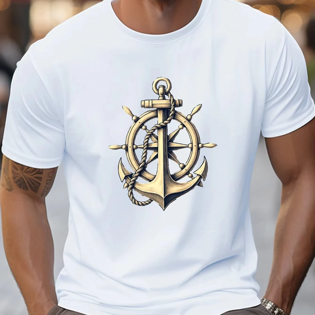 Men Nautical Anchor Graphic T-Shirt - Casual Summer Short Sleeve Micro-Stretch Knit Fabric Regular Fit Black with Golden Anchor