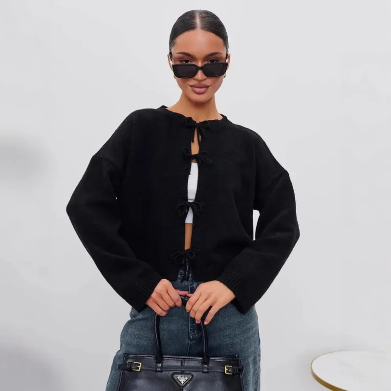 Women's Autumn/Winter Top Cardigan Tie-up Knitted Solid Color Retro Simple Comfortable Casual Design Soft Niche Versatile Skinny