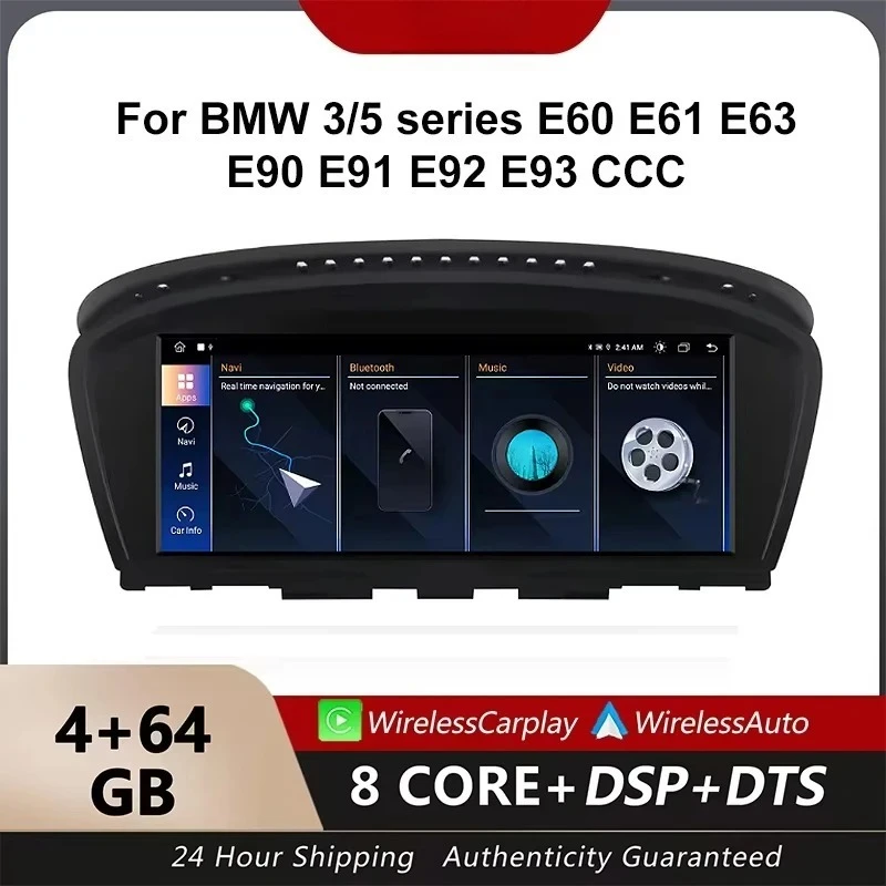CarPlay Android 14 Car Radio, for BMW 3/5 Series E60, E61, E63, E90, E91, E92, E93 CCC Multimedia Player GPS Navigation 4+64GB