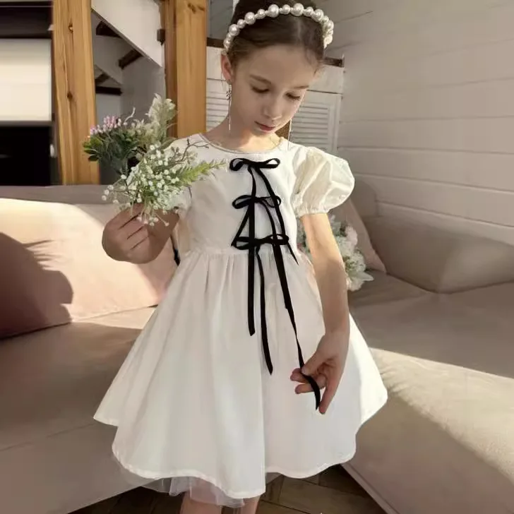 2024  Girls Summer Cotton and Hemp Bow Skirt with Gold Edge Collar Fashion Princess Dress