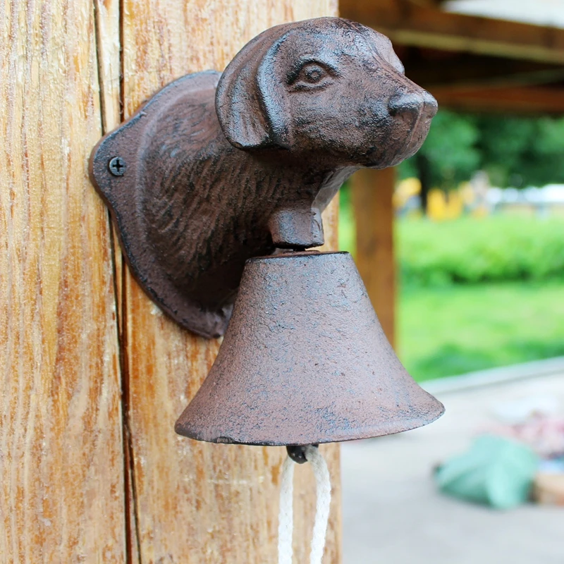Outdoor Courtyard Cafe Decorative Hanging Ornament, Vintage Cast Iron Dog Head Doorbell Hand Bell, European and American Style A