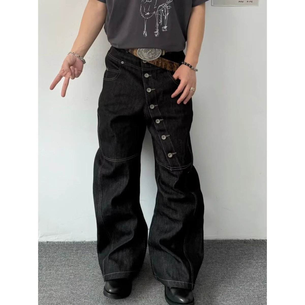 American Retro Long Row Button Design Jeans Men's Loose Wide Leg Floor-Length Trousers Trendy High Street Style Autumn Wear