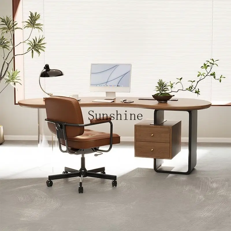 

Walnut cashew special-shaped desk Italian light luxury solid wood computer, design, workbench