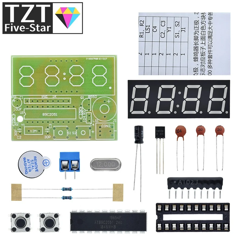 TZT AT89C2051 Digital LED Display 4 Bits Electronic Clock Electronic Production Suite DIY Kit 0.56 Inch Red Two Alarm