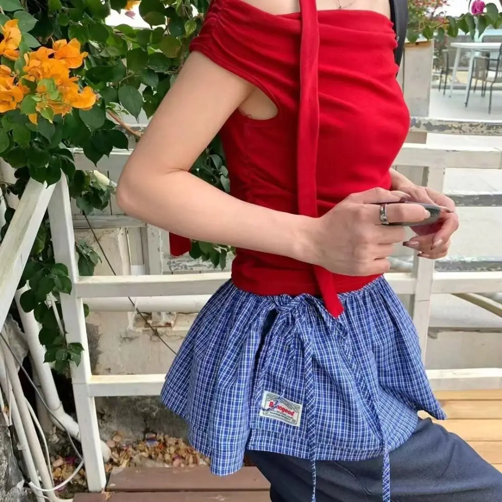 Minigonna a reticolo dolce Vita Blet Gonna decorativa a metà corpo in stile coreano Vita alta Y2K Gonna con bordo arricciato Streetwear