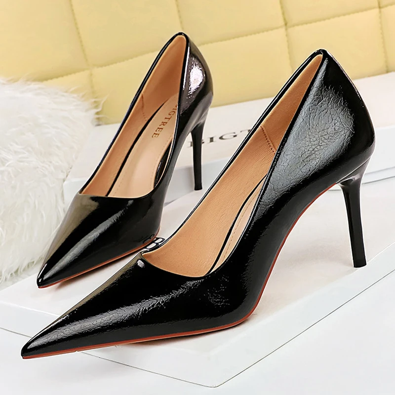 BIGTREE Shoes Women 8.5 Cm Heels Patent Leather Woman Pumps Fashion Wedding Shoes Stilettos Luxury Banquet Shoes Plus Size 42 43