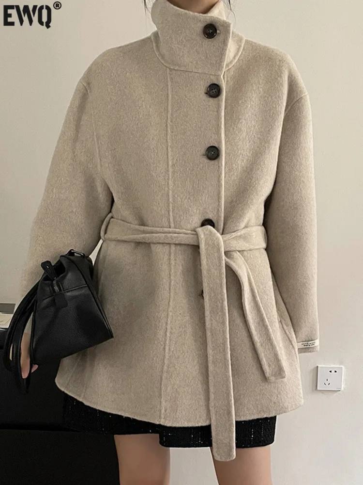 MooQ-Manteau en laine à simple boutonnage pour femme, manteau en cachemire double face, à lacets, tempérament coréen, élégant, hiver, nouveau, 2024, 16O3281