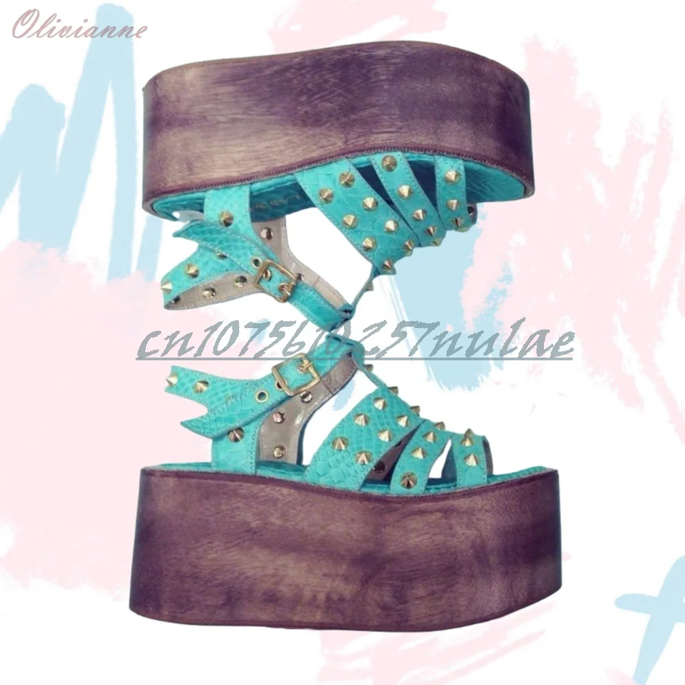 Green Metal Rivets Decor Hollow Belts Sandals Open Toe Wedges High Heel Hot Party 2025 SummerWomen Shoes Zapatos Para Mujere