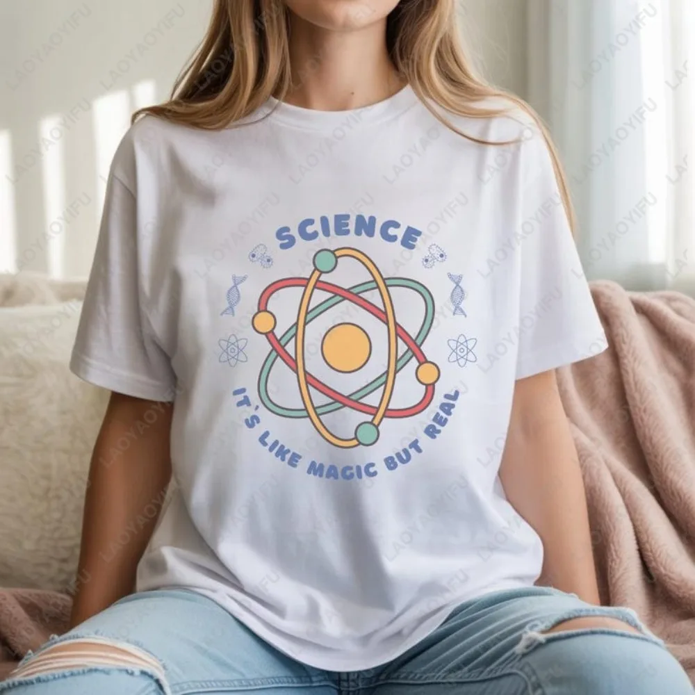 

Science It's Like Magic But Real T-Shirt Women Atom Graphic Science Lover Teacher Casual Crew Neck Short Sleeve Cotton Cool Tee