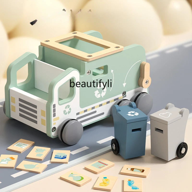 

Wooden garbage recycling construction vehicle, clearing truck, sweeping sorting bucket, boy, children's baby toys