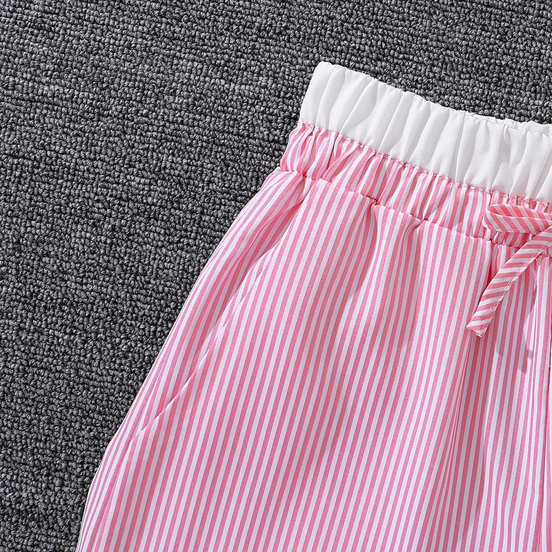 Kids Clothes Children Pants For Girls 8-12 Years Vertical Stripe Waist Stitching Comfortable Style