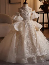 Customized Real Picture  Flower Girl Dress Wedding Party High Neck Applique Crystal Kids Pageant Prom Wear vestidos para niñas