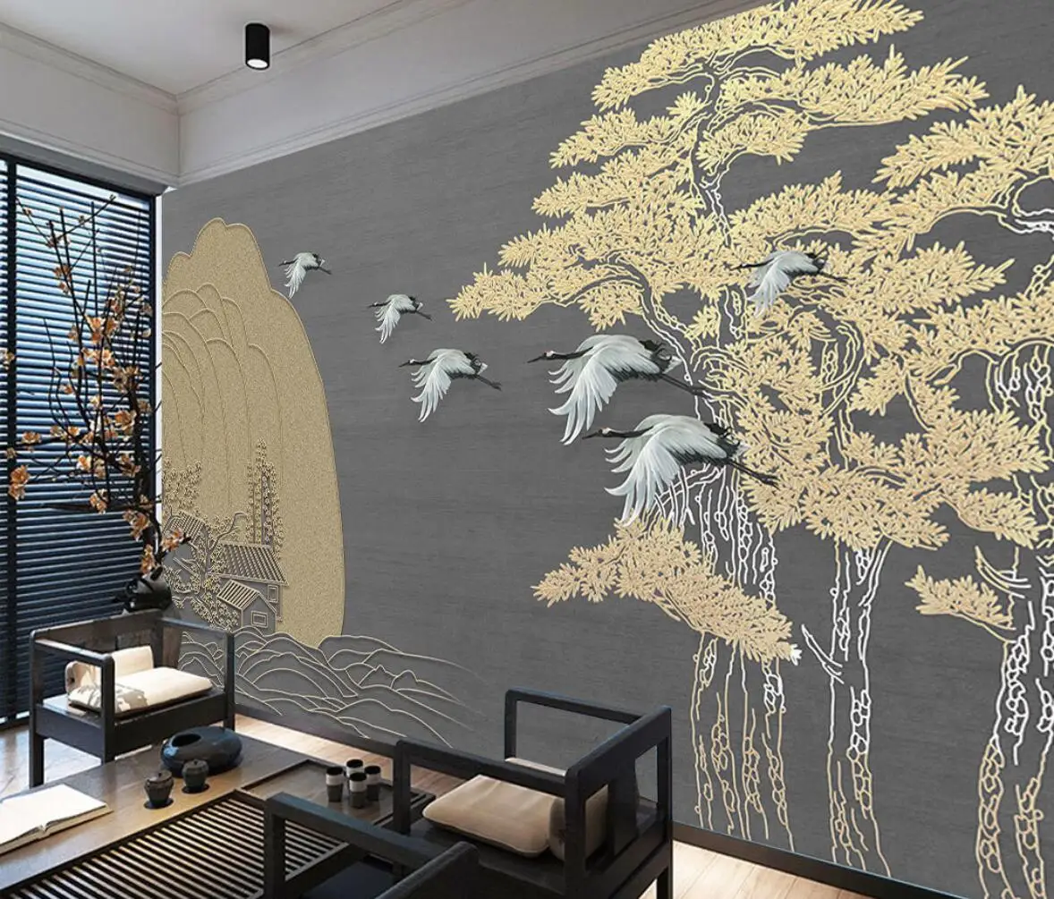 Custom wallpaper hand painted crane ancient building welcome pine wall wallpaper living room bedroom background 3d wallpaper