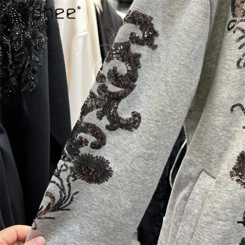 Street Heavy Sequin Borduren Kralen Sweatshirt Met Capuchon Dames American Hot Girl Trendy Oversized Sweatshirt Veelzijdige Casual Top