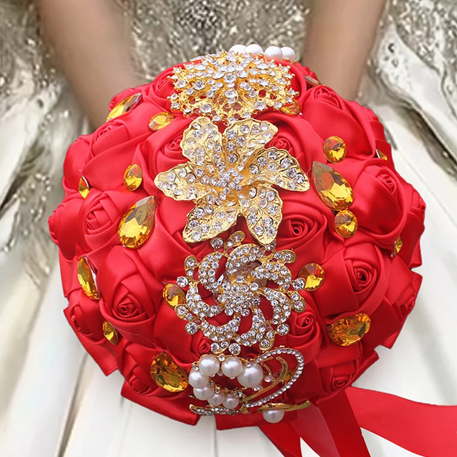 Classic Bride Wedding Red Roses Hand Luxurious rhinestone Love Pearl streamer Bridesmaids Church of Eternal Life bouquet W227