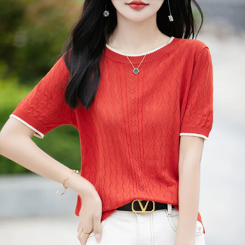 

Women's T-shirt, design sense, knitted short sleeved, color blocking round neck half sleeved summer thin ice silk top