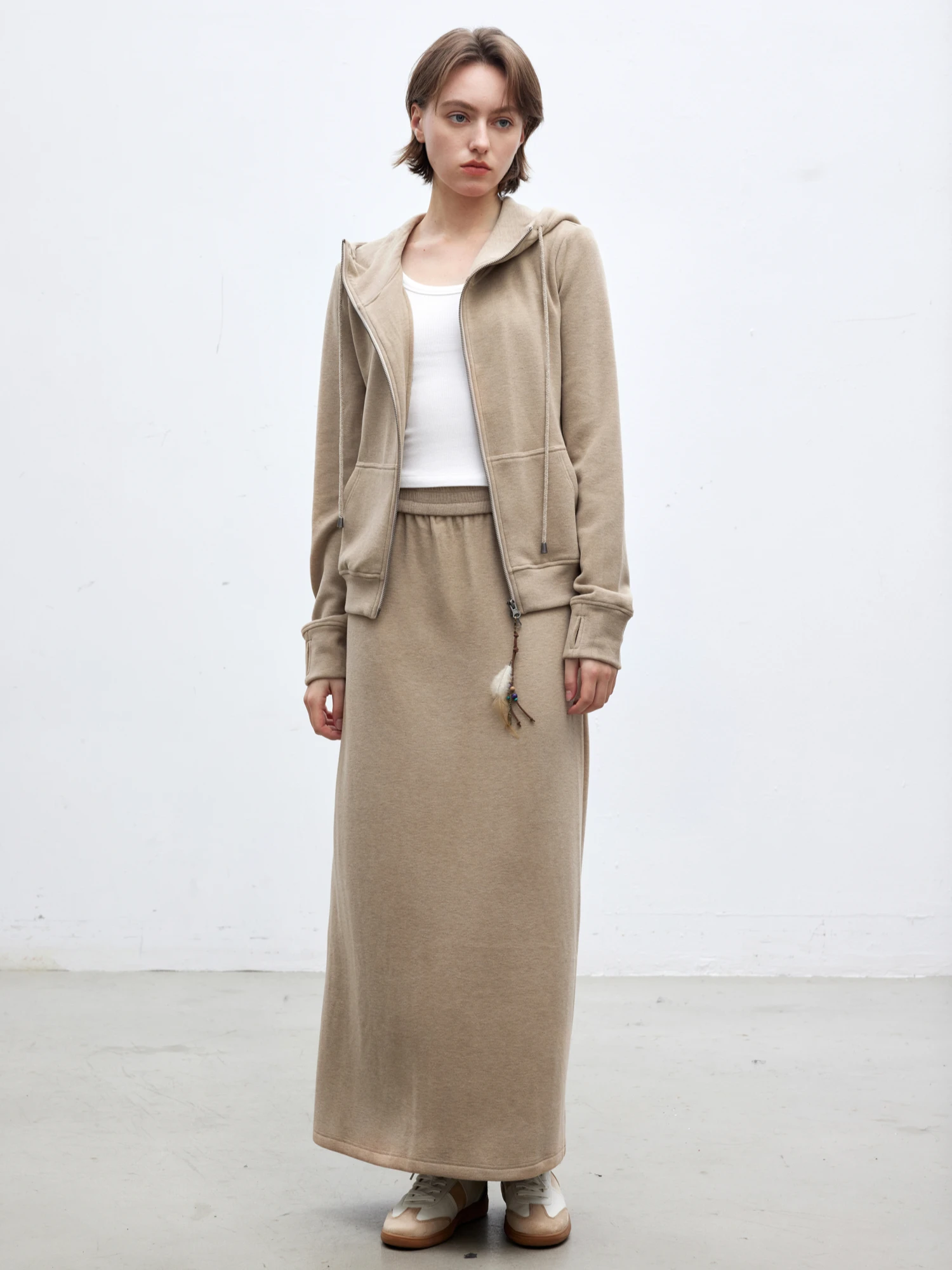 

EYES MAG Women's Faion Set Bamboo Fiber Wool Sweater Hoodie f Skirt Double Zipper Long Sve Four Seasons Clothing