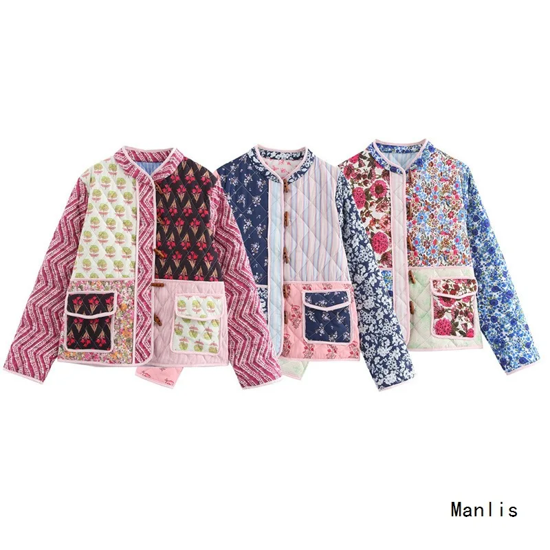 

2025Новая женская мода в европейском и американском стиле, простая универсальная лоскутная хлопковая куртка с принтом и длинными рукавами, пальто
