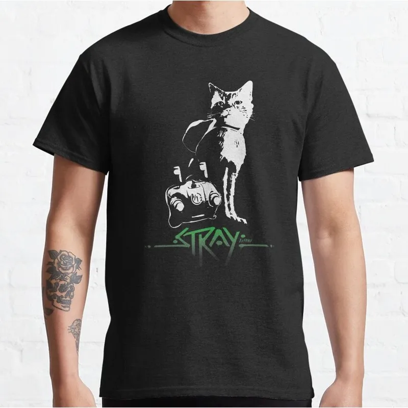 Stray Video Game Cat Graphic T‑Shirt O‑Neck Short Sleeve Unisex Tees Cyberpunk Stray Cat Print Casual Streetwear For Gamer Fans