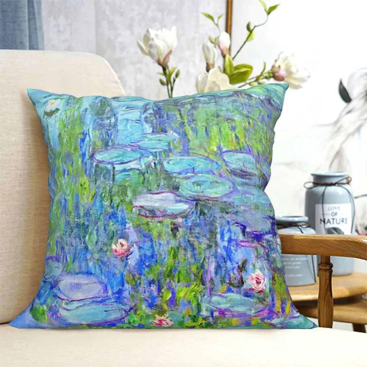 Female Long Water Lilies Claude Monet Square Pillowcase Cushion Cover Pillow Case Throw Pillow Cover for Home Sofa Living Room