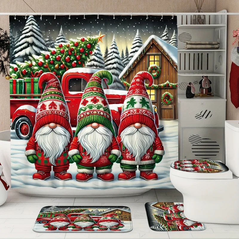 [Open] 1/4pcs Christmas tree winter set gnome truck wreath cute red green shower curtain waterproof polyester was