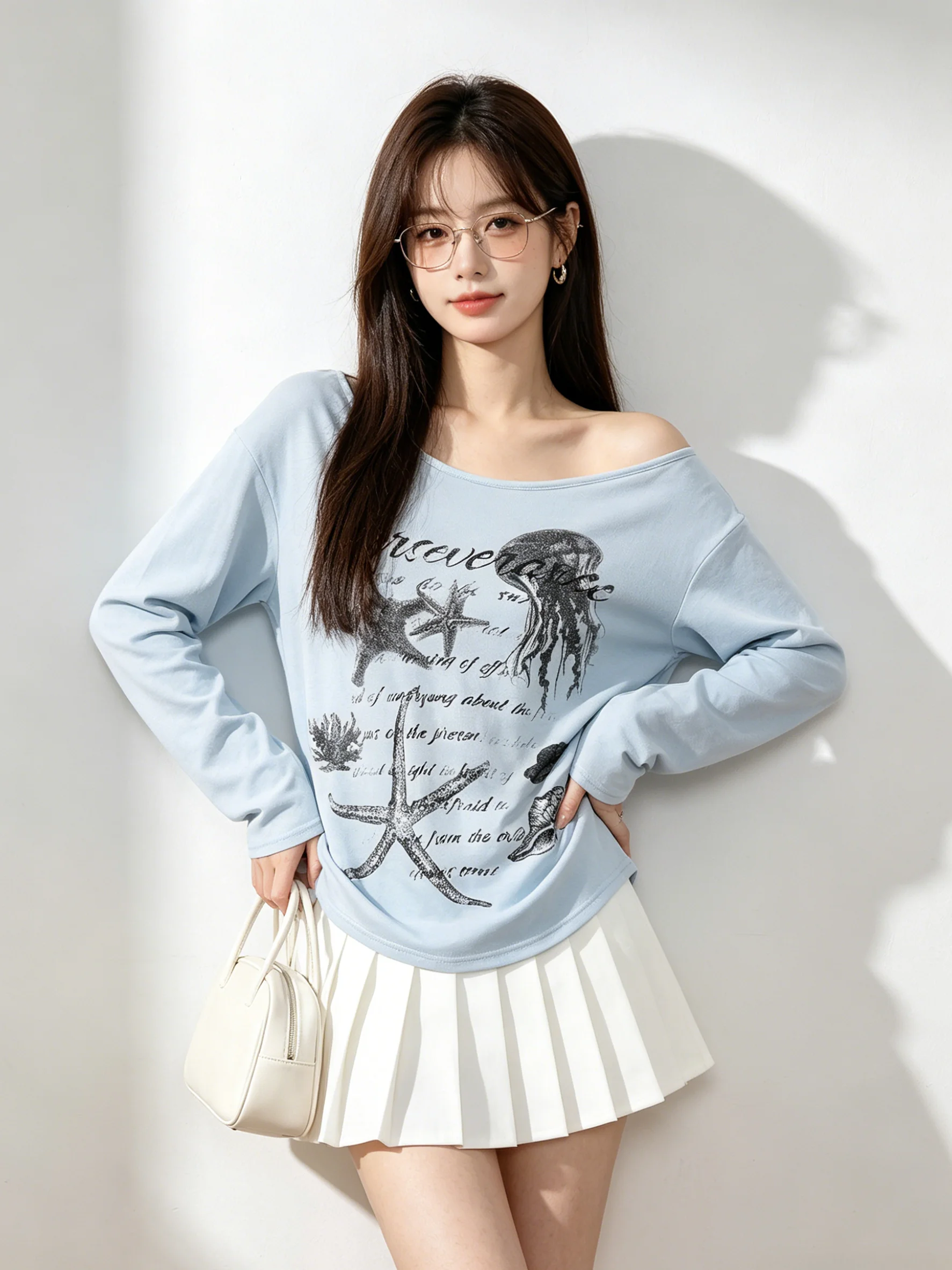 Simple Korean Style Printed Asymmetrical Shoulder T-Shirt Sun Protection Cover up Summer Backless Design Versatile Slimming Top