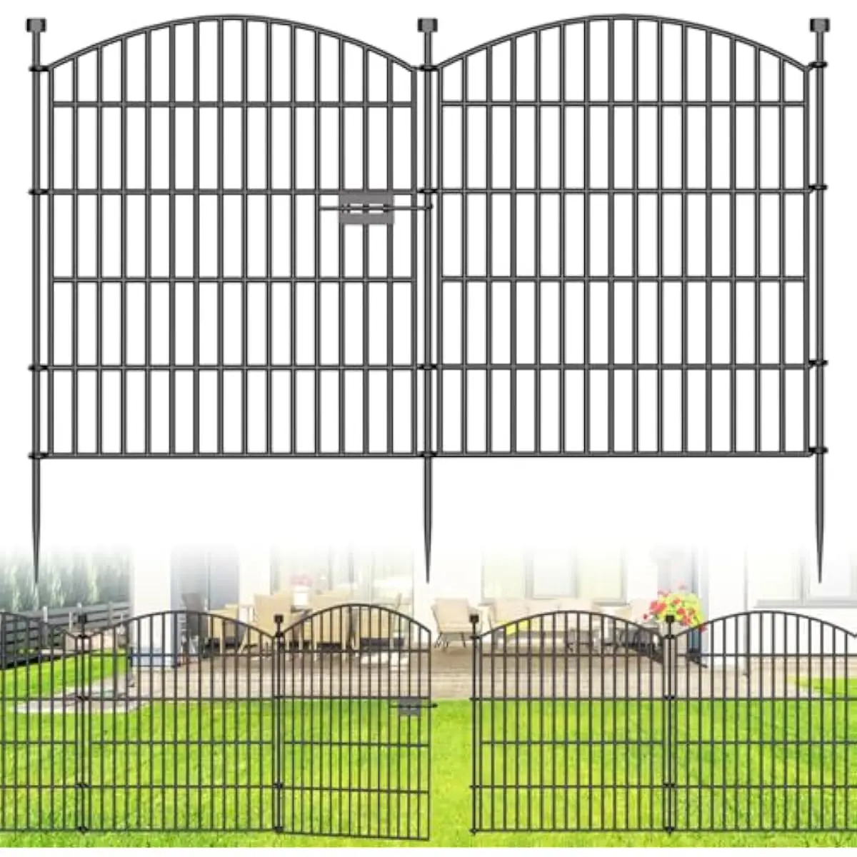 15-Piece Modular Metal Garden Barrier with Spring-Lock Gate • 32-Inch Height • 35.4-Foot Total Length • No-Dig Deep-Stake Install