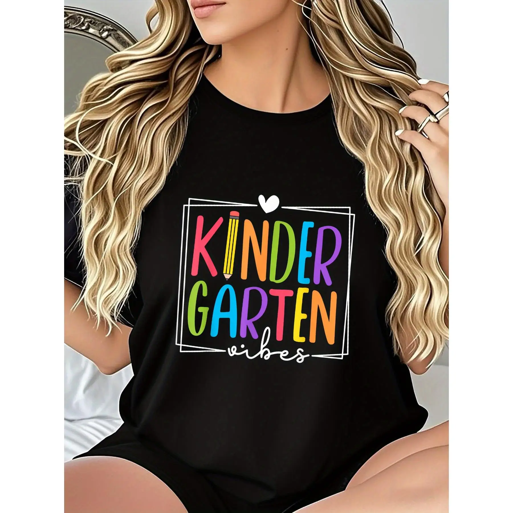 

Kindergarten Vibes T-shirt Women's Teacher Graphic Tee Cute Rainbow Tops Back To School Gifts