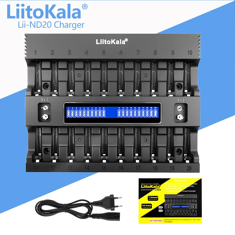 LiitoKala Lii‑ND20 20‑Slot LCD Smart Battery Charger Multiple‑Protection for AA AAA 1.2V Ni‑MH Rechargeable Batteries