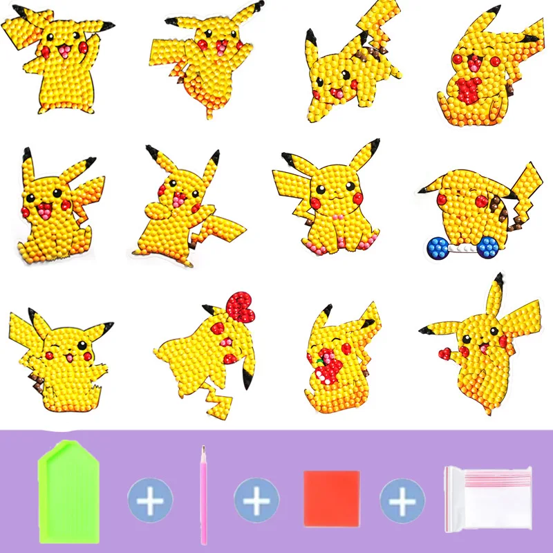 12pcs Pokemon Diamond Painting Kit Diy Handmade Stickers Cartoon Anime Figure Pikachu Handbook Decorate Stickers Kids Toy Gifts