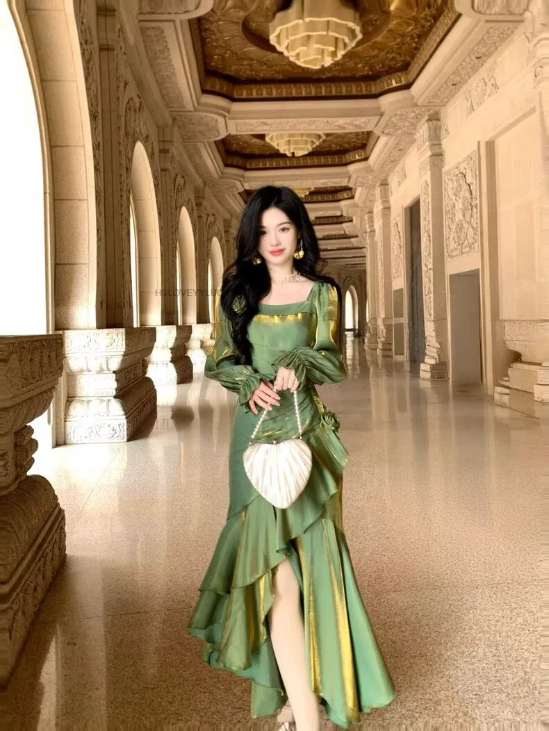 Französisch Spitze Rüschen Asymmetrische Saum Kleid Sommer Neue Meerjungfrau Temperament Wasp Taille hüfte-umarmt Lange Frauen Sexy Kleid