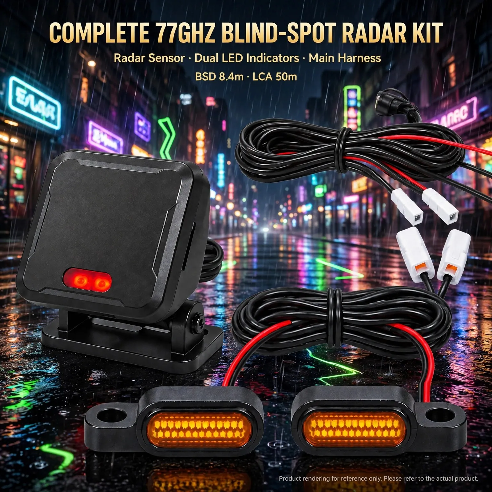 77GHz Motorcycle Blind Spot Monitoring Radar System with Dual LED Warning Indicators – Up to 70m Rear Detection, BSD 8.4m, LCA 5