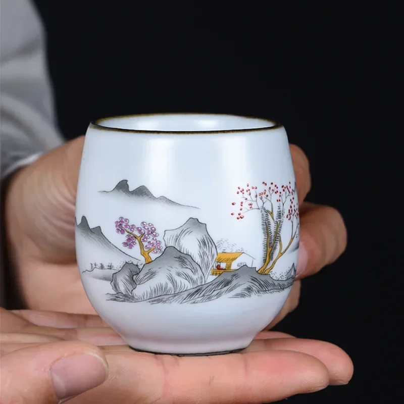 Boutique Ceramic Teacup Meditation Cup Hand Painted Landscape Travel Tea Bowl Handmade Tea Set Accessories Pu'er Master Cup