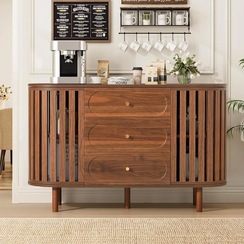 

Рифленый буфет-буфет с 3-мя ящиками, современный деревянный шкаф для хранения Credenza с полками-витринами, консольный столик для