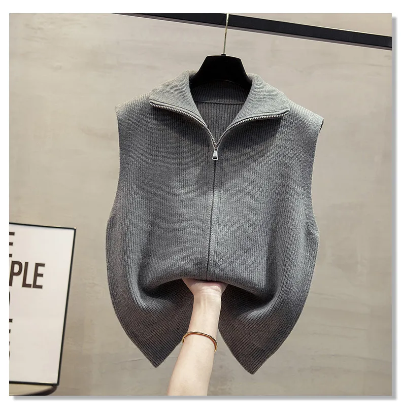 مزدوجة سستة المرأة محبوك سترة سترة ربيع الخريف الوقوف طوق سترة دون أكمام سترة الصلبة صدرية لباس خارجي سترة علوية #6