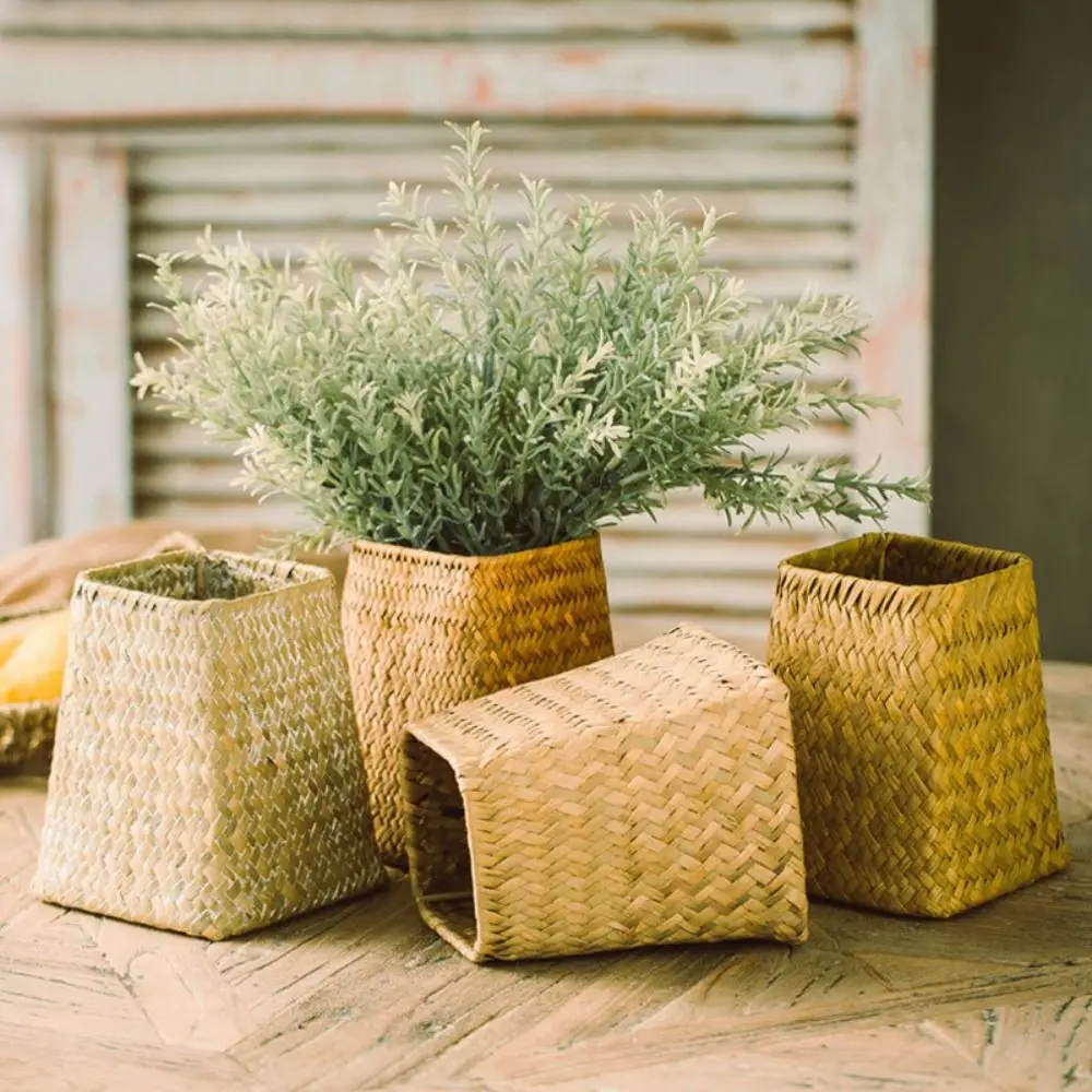 Garden Plant Flower Baskets  Handmade Rattan Storage Basket Bamboo Baskets Foldable Seagrass Straw Toy Storage Container