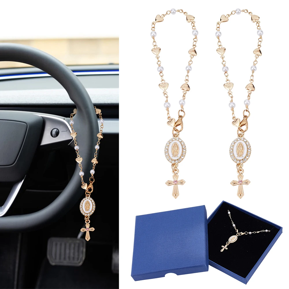 2 Pcs Car Rosary Pendant Steering Wheel Rosary Charm Accessory Vintage Mirror Hanging Charms Heart Oval Pendant Gift for Car