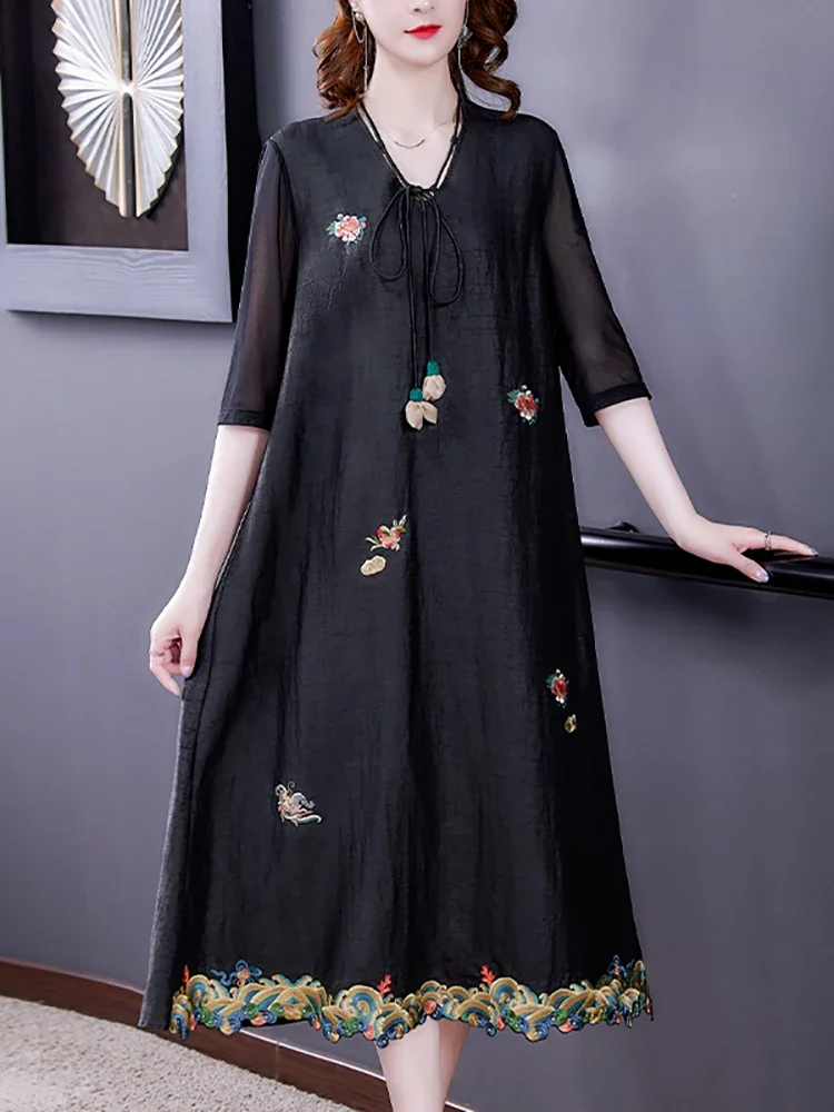 ฤดูร้อนผ้าไหมสีดําดอกไม้แขนสั้นVคอMidiชุดผู้หญิงเกาหลีVINTAGE Hepburnชุด 2025 Elegantหลวมเอวชุดปาร์ตี้