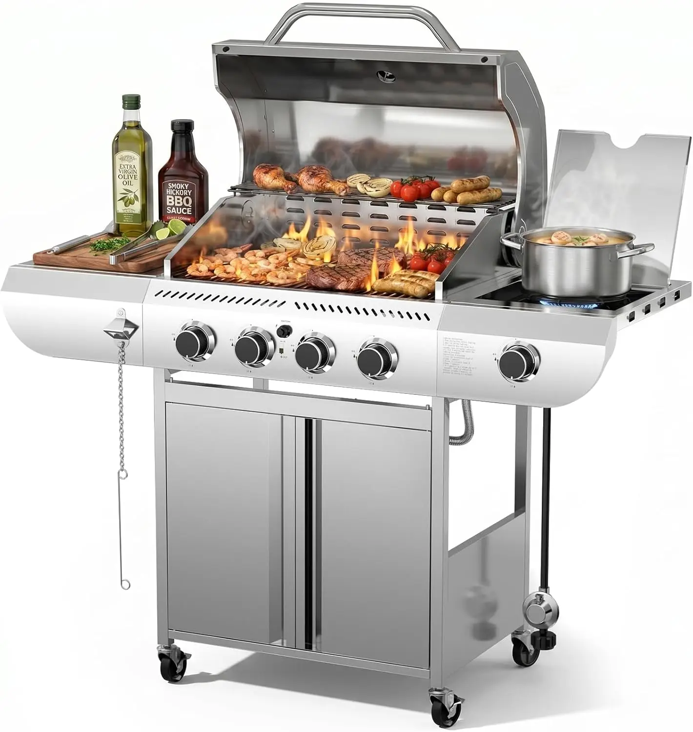 

4 Burner Gas BBQ Grill, 42,000 BTU Stainless Steel Barbecue with Side Burner, Enameled Cast Iron Grates, Pull-Out Oil Drip Tray, Perfect for Outdoor Backyard Cooking