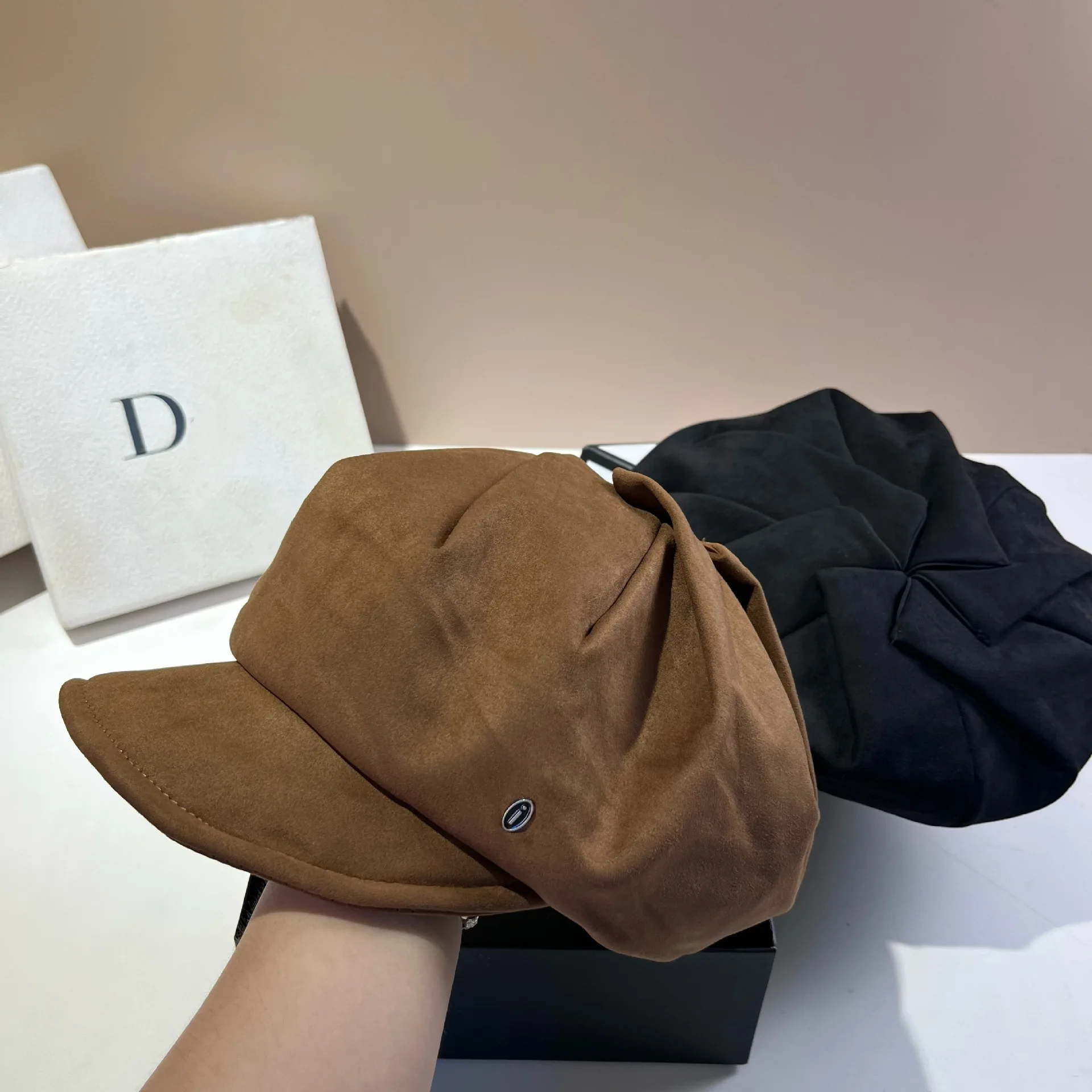 벨벳 스웨이드 베레모, 여성용 빈티지 가죽 뉴스보이 캡, 가을 겨울용 우아한 오버사이즈 베이커 보이 클로슈