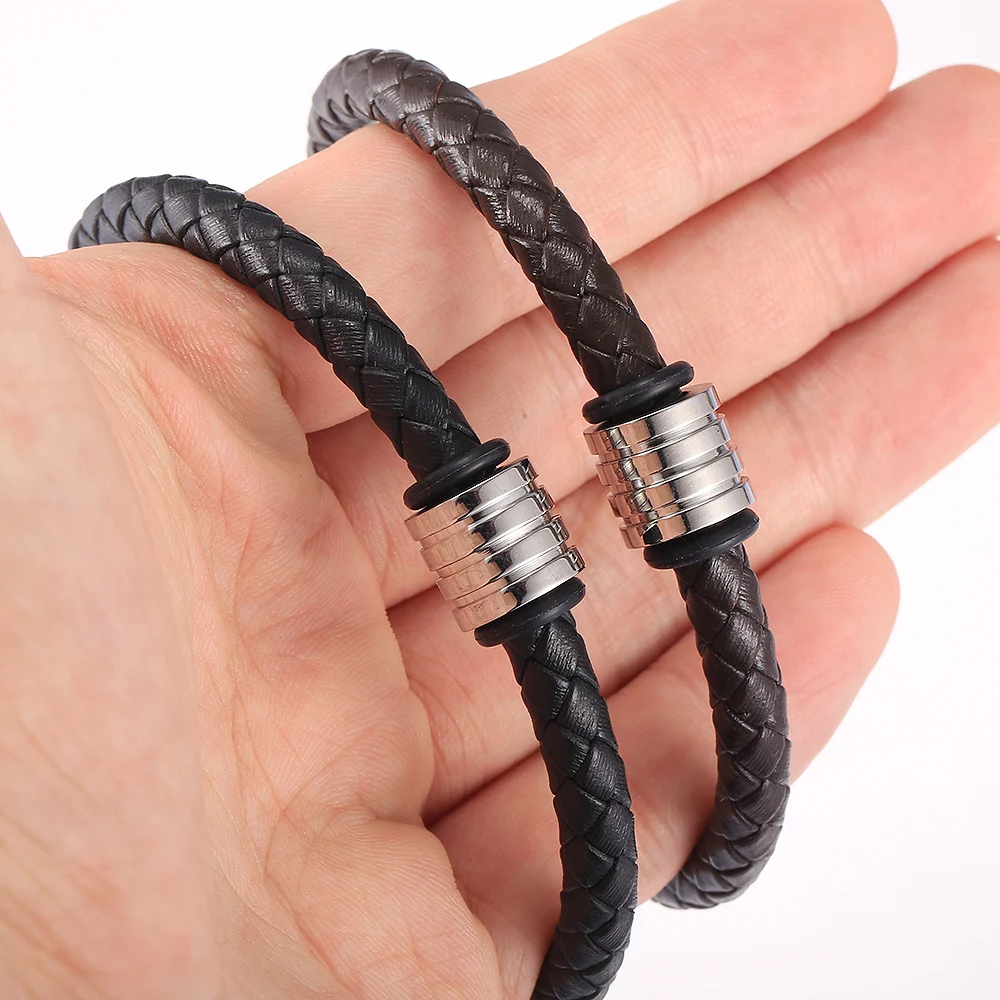 Man-made Leather Bracelet For Men Boys Black Brown Color Magnetic Clasp Bead Charm Braided Rope Chain Bracelet 6mm