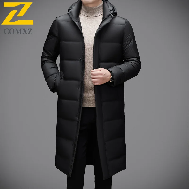 COMXZ Mens Long Down Jacket Casual Hooded Commute Office Lightweight Puffer Jackets Fashion Travel Knee Length Warm Winter Parka