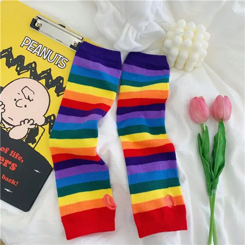 Women Harajuku Elbow Length Fingerless Arm Sleeve Warmer Rainbow Colored Striped Knit Sunscreen Halloween Costume Gloves