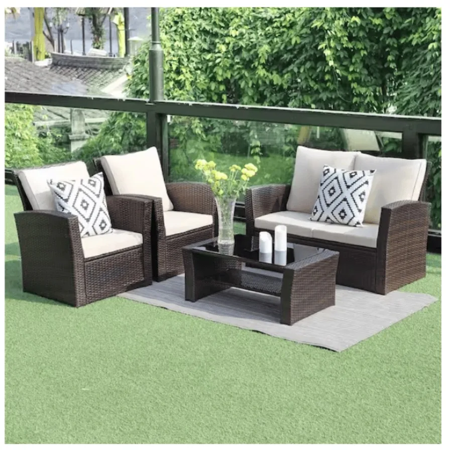 

4Pieces Outdoor Patio Furniture Set PE Rattan Wicker with Brown