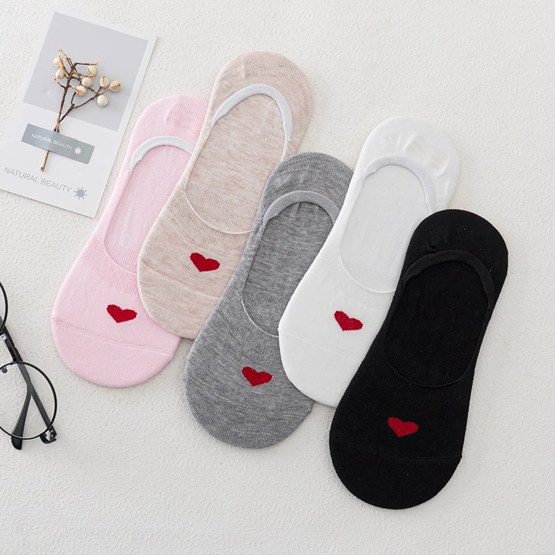 

5 Pairs Classic Harajuku Women Socks Funny Kawaii Cute Heart Invisible Socks Silicone Slip Cotton Female Summer Socks Slippers